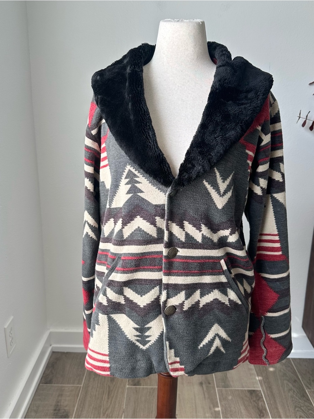 Chico’s Design Southwestern Aztec Cotton Sweater Jacket with Faux Fur Collar